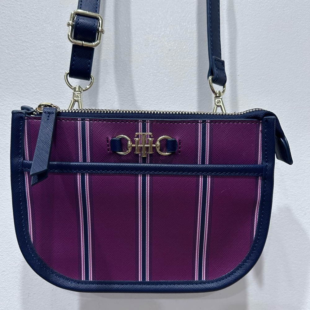 Tommy Hilfiger Plum & Navy‎ Striped Crossbody Bag Gold TH Logo